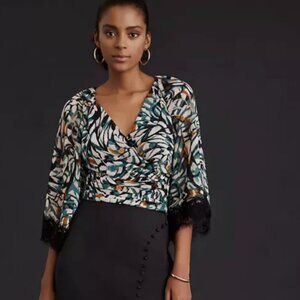 Anthropologie Flutter Sleeve Lace Wrap Top, Size S